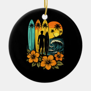Retro Surf Beach Sunset Tropical Ceramic Tree Decoration