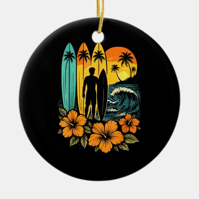 Retro Surf Beach Sunset Tropical Ceramic Tree Decoration (Front)