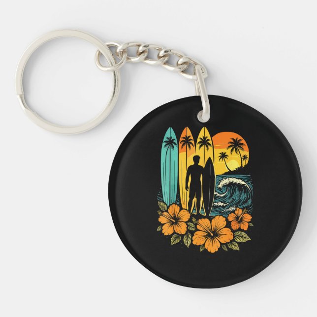 Retro Surf Beach Sunset Tropical Key Ring (Front)