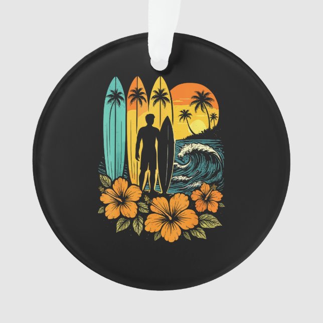 Retro Surf Beach Sunset Tropical Ornament (Front)