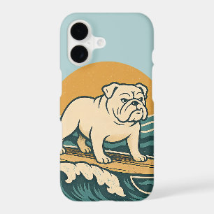 Retro Surf Bulldog Blue Coastal Surfing Dog Phone