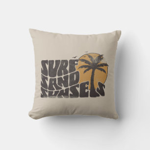 Retro Surf Sand Sunsets Palm Tree Beach Vibes Cushion