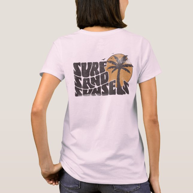 Retro Surf Sand Sunsets Palm Tree Beach Vibes T-Shirt (Back)