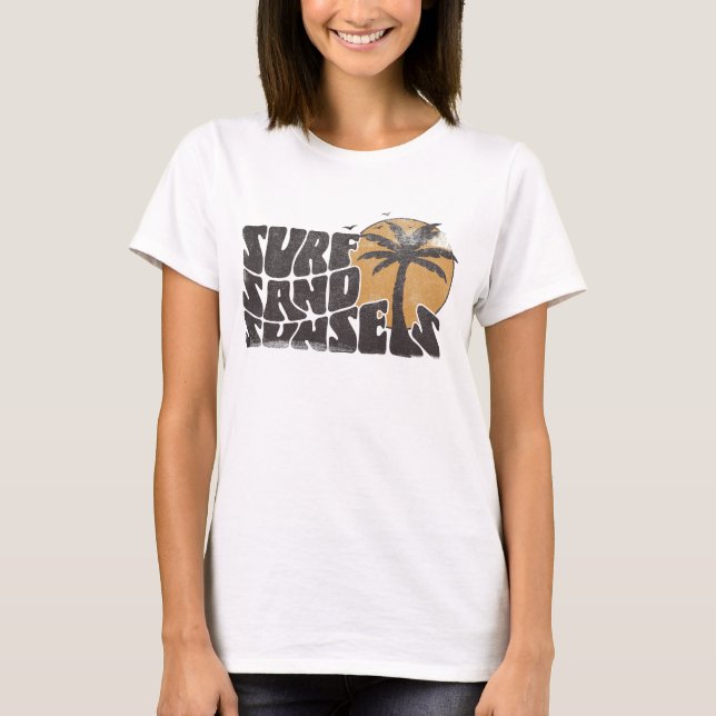 Retro Surf Sand Sunsets Palm Tree Beach Vibes T-Shirt (Front)
