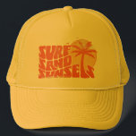 Retro Surf Sand Sunsets Palm Tree Beach Vibes Trucker Hat<br><div class="desc">Retro Surf Sand Sunsets Palm Tree Beach Vibes t-shirt is the perfect addition to your summer wardrobe. Whether you're hitting the waves or just lounging on the sand,  this tee has got you covered. Let’s Get ready for a summer filled with surf,  sand,  and unforgettable sunsets.</div>