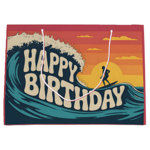 Retro Surf Theme "Happy Birthday" Illustration Large Gift Bag