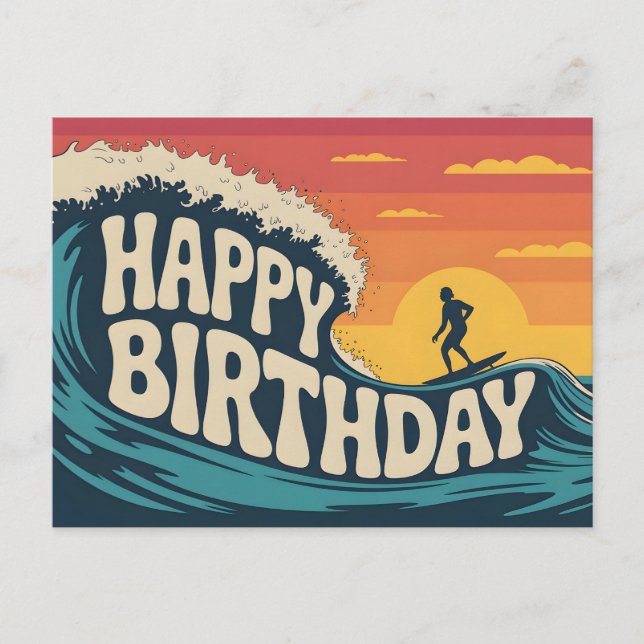 Retro Surf Theme "Happy Birthday" Illustration Postcard (Front)