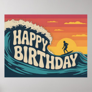 Retro Surf Theme "Happy Birthday" Illustration Poster