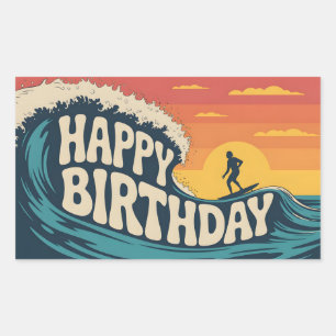 Retro Surf Theme "Happy Birthday" Illustration Rectangular Sticker