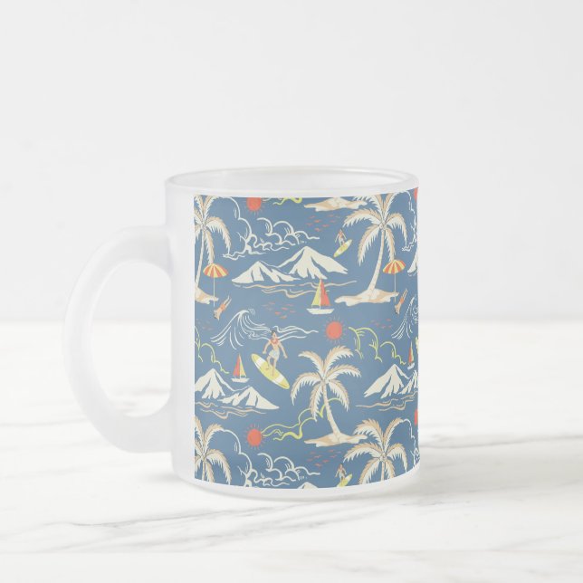 Retro Surf Tropical Pattern Frosted Glass Coffee Mug (Left)