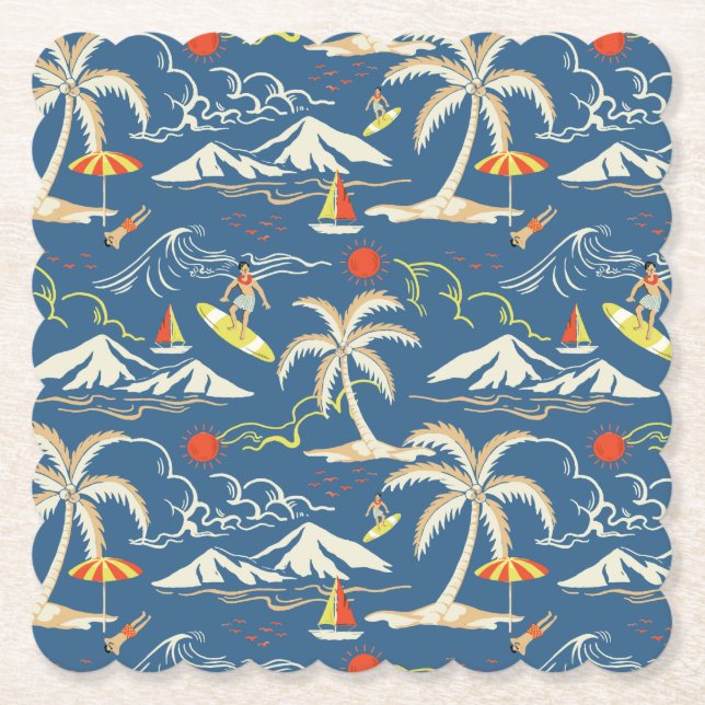 Retro Surf Tropical Pattern Paper Coaster (Front)