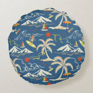 Retro Surf Tropical Pattern Round Cushion