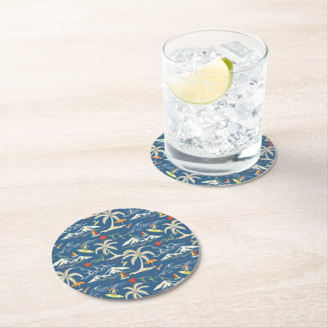 Retro Surf Tropical Pattern Round Paper Coaster (Insitu)