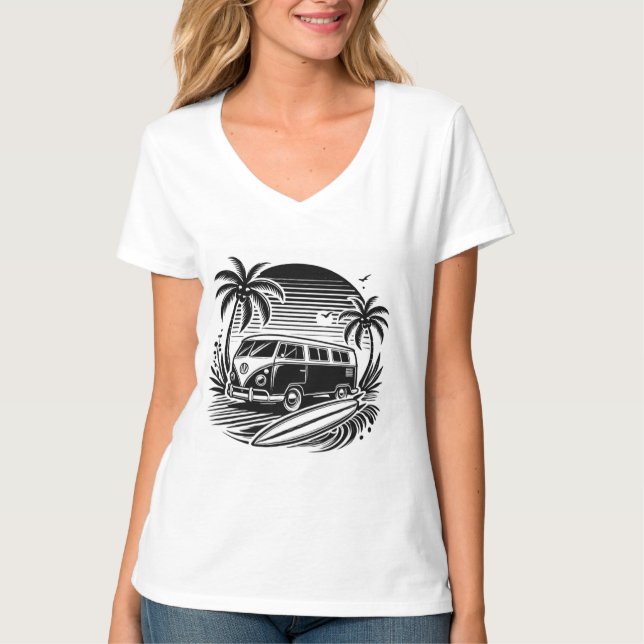 Retro Surf Van & Palm Trees Design T-Shirt (Front)