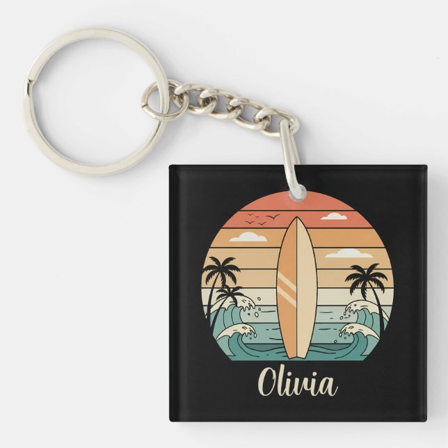 Retro Surf Vibes - Surfboard & Waves Key Ring (Front)