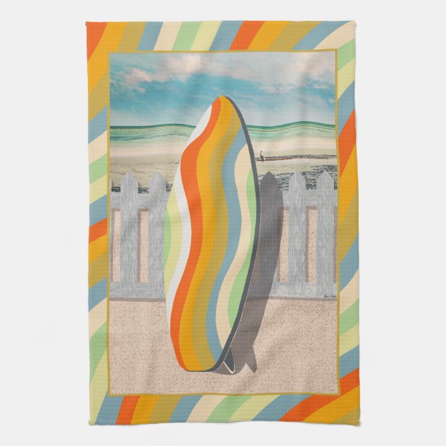 Retro Surfboard Pelican Wavy Stripe Art Tea Towel (Vertical)