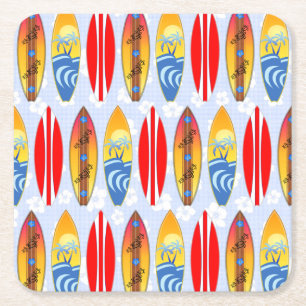 Retro Surfboards Light Blue Hibiscus Square Paper Coaster