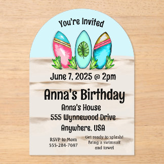 Retro Surfboards, Pink, Acrylic Invitations