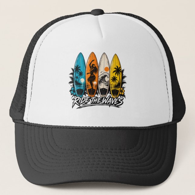 Retro Surfboards Ride the Waves Surfing Design Trucker Hat (Front)
