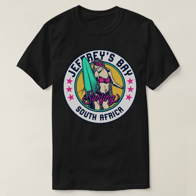 Retro Surfer Babe Badge Jeffreys Bay South Africa T-Shirt (Design Front)