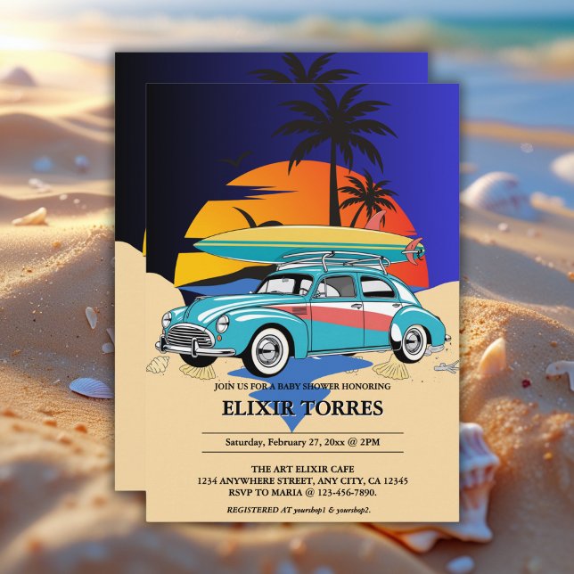 Retro Surfer Car Baby Shower Invitation (Creator Uploaded)