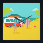 Retro Surfer Couple Acrylic Wall Clock<br><div class="desc">Every day can be a day at the beach with this Retro Surfer Couple Acrylic Wall Clock. The 1960's style, minimalist art design features a fun-loving, sun worshiping, thrill seeking couple all ready to catch a wave. The setting is a tropical, island oasis with a beach of golden sand, swaying,...</div>