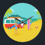 Retro Surfer Couple Acrylic Wall Clock<br><div class="desc">Every day can be a day at the beach with this Retro Surfer Couple Acrylic Wall Clock. The 1960's style, minimalist art design features a fun-loving, sun worshiping, thrill seeking couple all ready to catch a wave. The setting is a tropical, island oasis with a beach of golden sand, swaying,...</div>