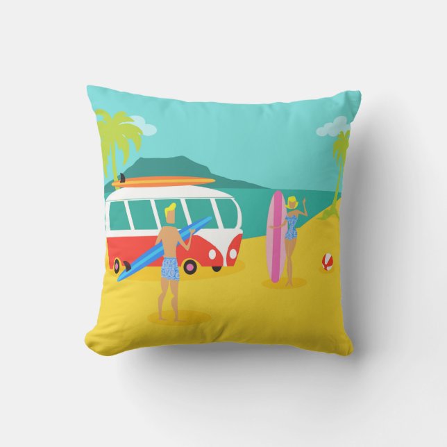 Retro Surfer Couple Outdoor Pillow (Front)