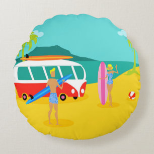 Retro Surfer Couple Round Pillow