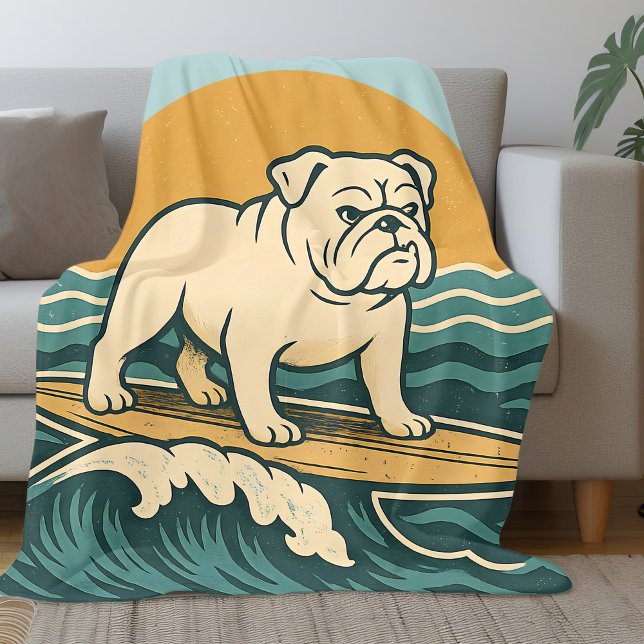 Retro Surfer Dog Art Blue Coastal Surfing Bulldog Fleece Blanket (Creator Uploaded)