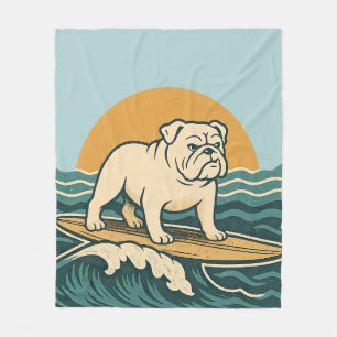 Retro Surfer Dog Blue Coastal Surfing Bulldog Art Fleece Blanket