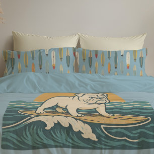 Retro Surfer Dog   Blue Surfing Bulldog Reversible Pillowcase