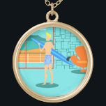 Retro Surfer Dude Necklace<br><div class="desc">Every day can be a day at the beach with this Retro Surfer Dude Necklace. The 1960's style, minimalist art design features a sun-kissed, blonde, surfer dude all ready to catch a wave. Our fit surfer is gazing out on the ocean through the sliding glass doors of his beachfront home....</div>