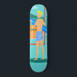 Retro Surfer Dude Skateboard<br><div class="desc">Every day can be a day at the beach with this Retro Surfer Dude Skateboard. The 1960's style, minimalist art design features a sun-kissed, blonde, surfer dude all ready to catch a wave. Our fit surfer is gazing out on the ocean through the sliding glass doors of his beachfront home....</div>