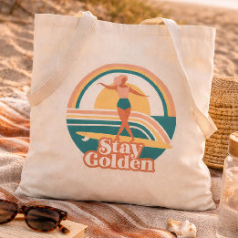 Retro Surfer Girl Stay Golden Coastal Tote Bag
