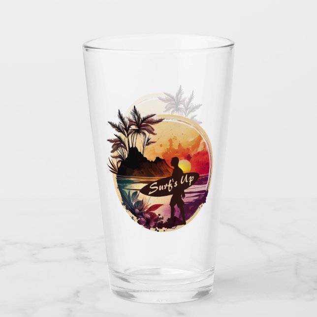 Retro Surfer Sunset Beach Glass (Front)