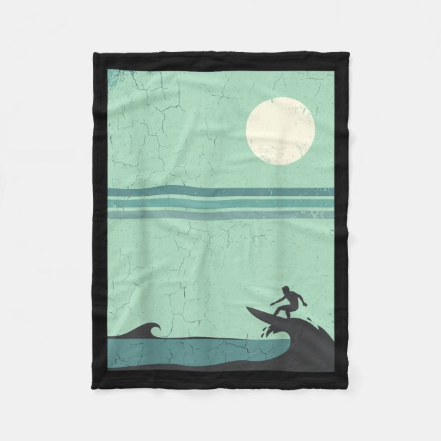 Retro Surfer Wave Moon Surfing Lover Beach Ocean Fleece Blanket (Front)
