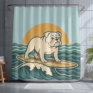 Retro Surfing Bulldog Coastal Blue Surf Dog Beach Shower Curtain