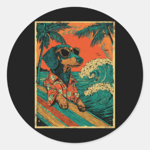 Retro Surfing Dachshund Surfer Dog Hawaiian Beach Classic Round Sticker