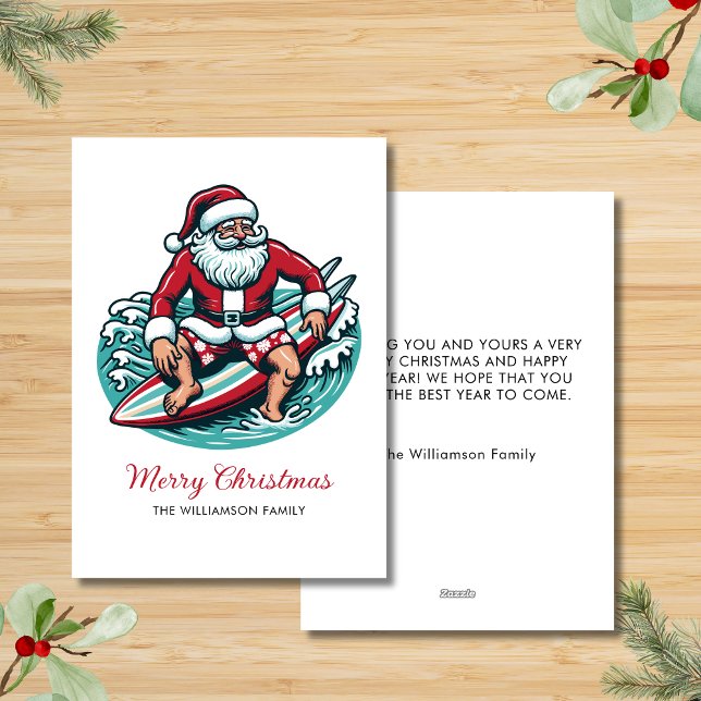 Retro Surfing Santa Tropical Vibes Holiday Card (Add your details to personalize.)