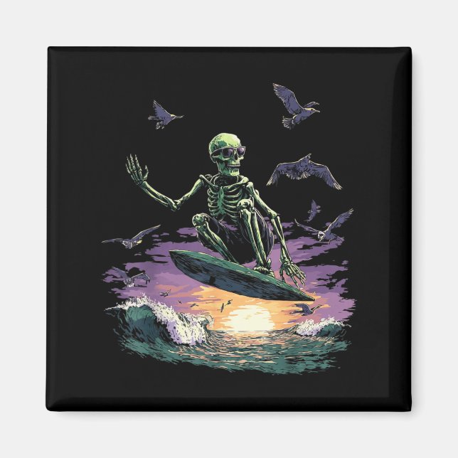 Retro Surfing Skeleton Surfer Riding Wave Sunset Magnet (Front)
