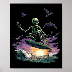 Retro Surfing Skeleton Surfer Riding Wave Sunset Poster