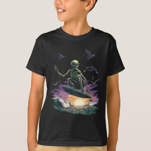 Retro Surfing Skeleton Surfer Riding Wave Sunset T-Shirt