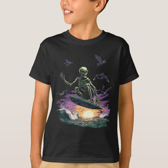 Retro Surfing Skeleton Surfer Riding Wave Sunset T-Shirt (Front)