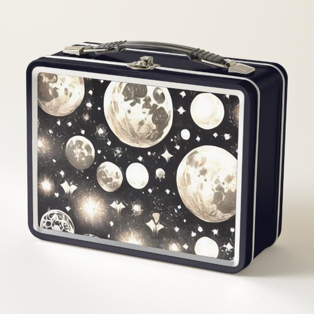 Retro Surreal Art Deco Painted Moons Metal Lunch Box (Front)