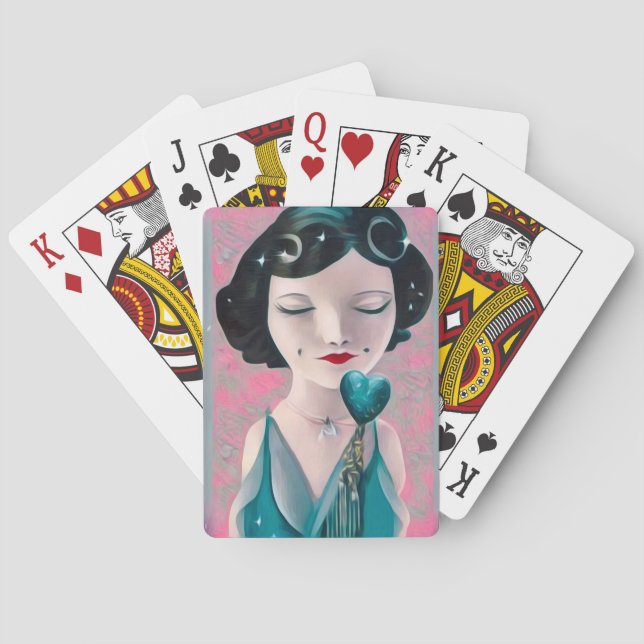 Retro Surreal Art Deco Teal Heart Lady Playing Cards (Back)