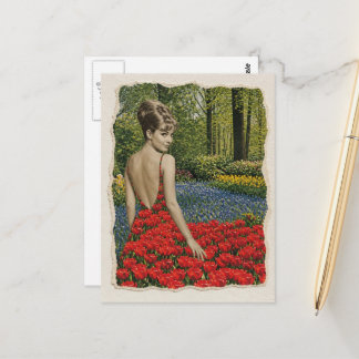 Retro Surreal Woman Her Dress Was Tulips Postcard