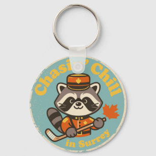 Retro Surrey BC Raccoon and Hockey Stick Key Ring