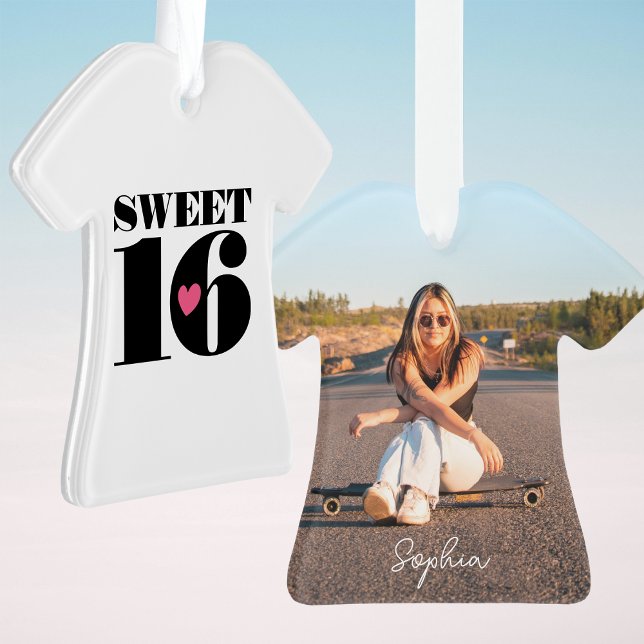 Retro Sweet 16 Birthday Custom Name Photo Heart Ornament (Creator Uploaded)