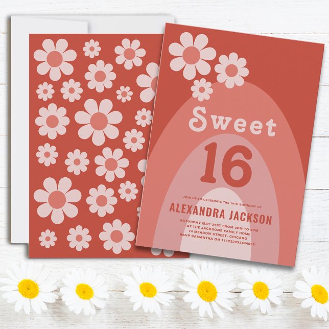 Retro Sweet 16 Birthday Party Orange Invitation (Sweet 16 Retro vintage daisy arch peach orange 16th birthday party with groovy typography )